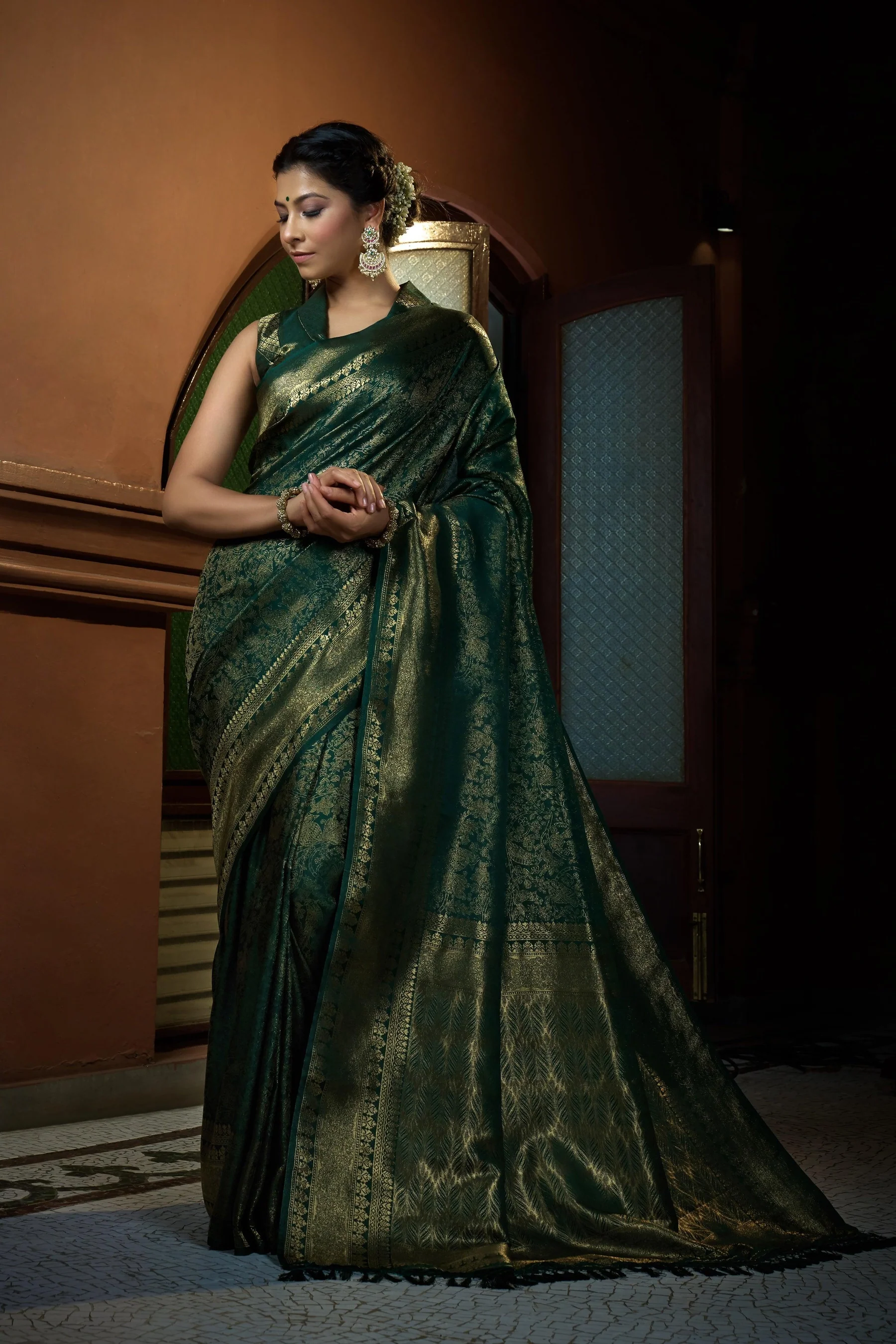 Brunswick Green Golden Zari Kanjivaram Silk Saree